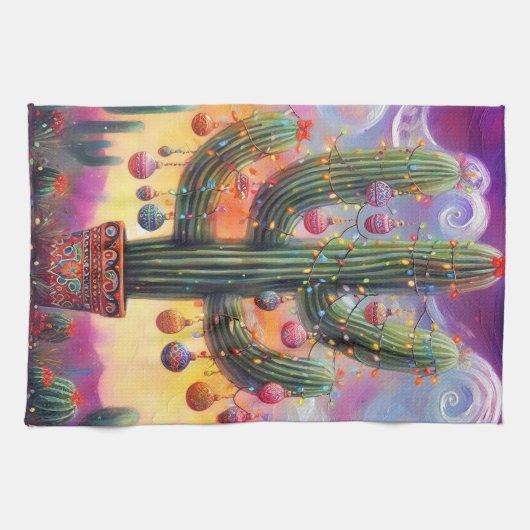 Kerstmis in de woestijn Zuidwest Saguaro Cactus Theedoek (Horizontaal)