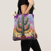 Kerstmis in de woestijn Zuidwest Saguaro Cactus Tote Bag (Dichtbij)