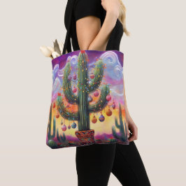 Kerstmis in de woestijn Zuidwest Saguaro Cactus Tote Bag
