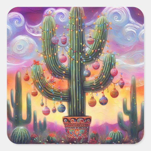 Kerstmis in de woestijn Zuidwest Saguaro Cactus Vierkante Sticker (Voorkant)