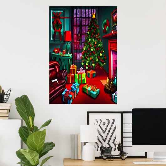 Kerstmis in de woonkamer | AI Art Poster (Thuiskantoor)