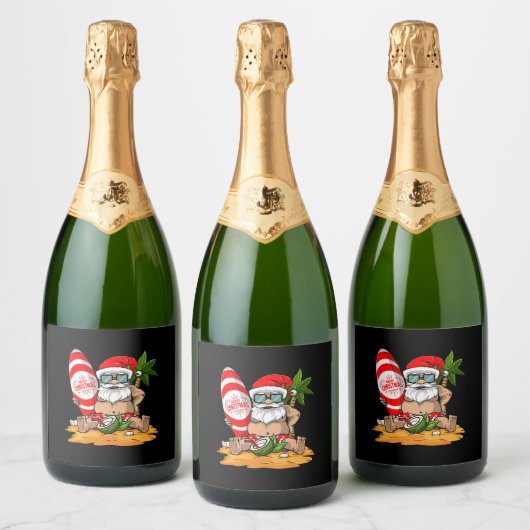 Kerstmis in de zomer Funny Santa Hawaiian Beach Sparkling Wijnetiket (Flessen)