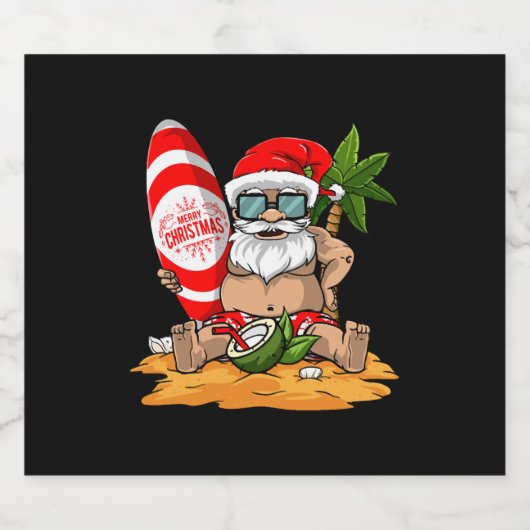 Kerstmis in de zomer Funny Santa Hawaiian Beach Sparkling Wijnetiket (Enkel label)