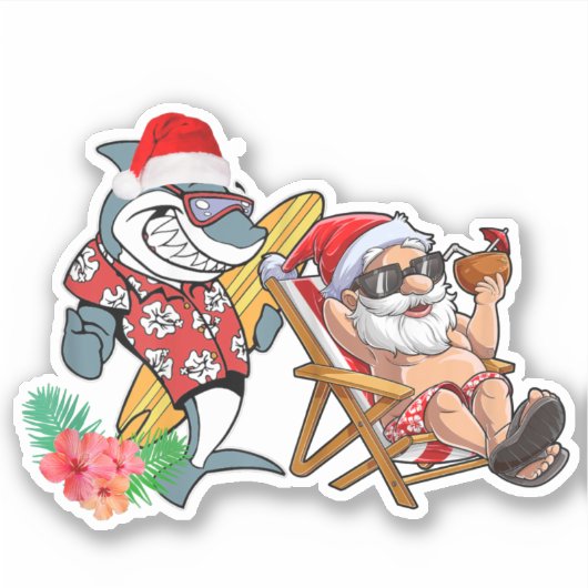 Kerstmis in de zomer Santa Shark Hawaiian Surfen Sticker (Voorkant)