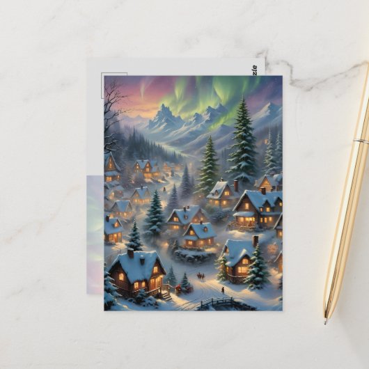 Kerstmis in een bergdorp, poollicht  briefkaart (Voorkant / Achterkant in situ)