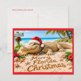 Kerstmis in Florida Alligator Zand Sculptuur Feestdagenkaart
