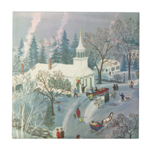 Kerstmis in het verleden, mensen gaan naar de kerk tegeltje