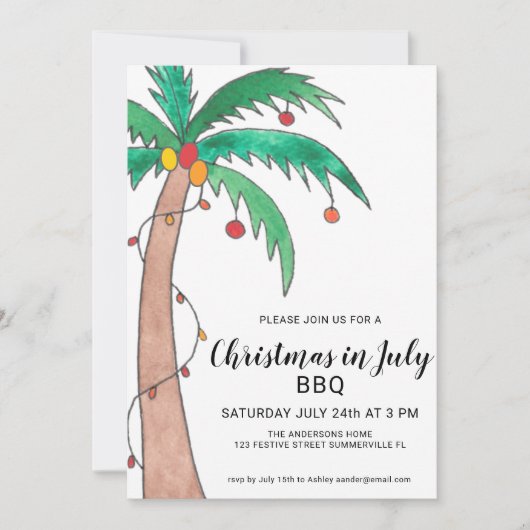 Kerstmis in juli BBQ Palm Tree-uitnodiging Kaart (Voorkant)