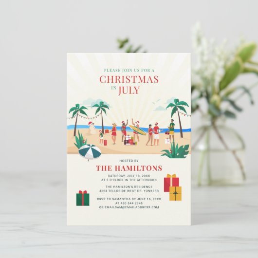 Kerstmis in juli familie strandtrip kaart (Staand voorkant)