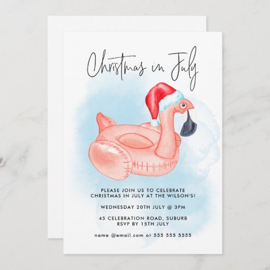 Kerstmis in juli Flamingo Summer Pool Party Uitnod Kaart (Voorkant / Achterkant)