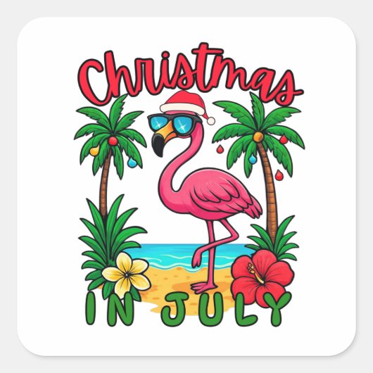 Kerstmis in juli Flamingo Vierkante Sticker (Voorkant)