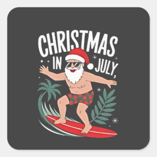 Kerstmis in juli Funny Surfing Kerstman Vakantie Vierkante Sticker