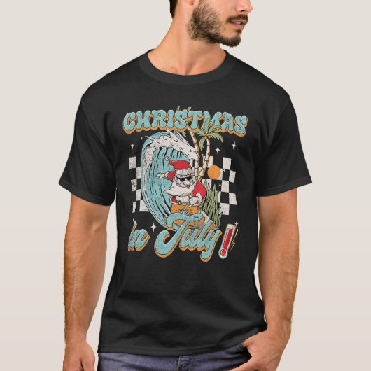 Kerstmis in juli Groovy Santa Hawaiian Surfing Su T-shirt (Voorkant)
