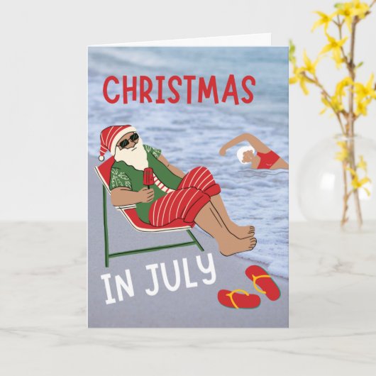 Kerstmis in juli Kerstman aan het strand Kaart (Gele Bloem)