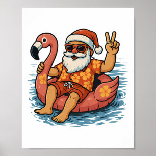 Kerstmis in juli Kerstman Flamingo Zomer Kerstmis Poster