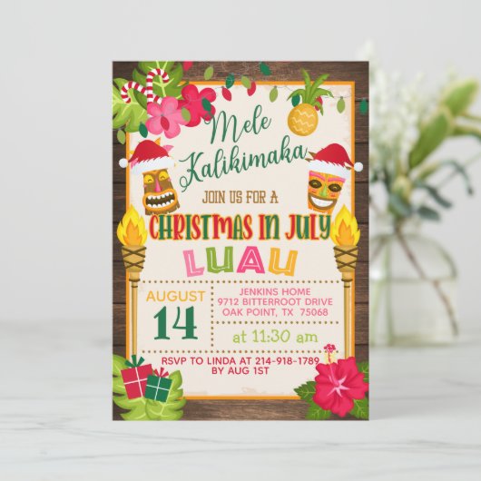Kerstmis in juli Luau Uitnodiging (Staand voorkant)