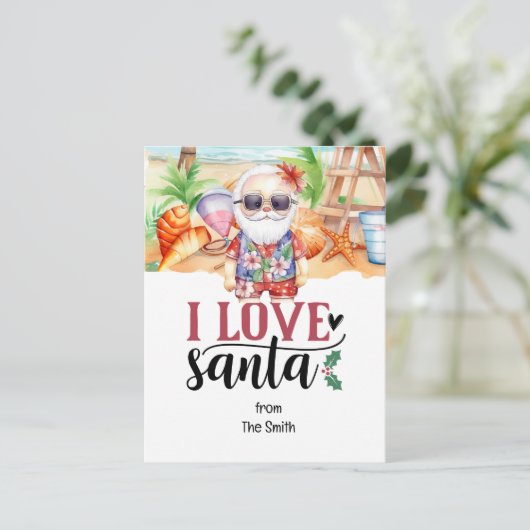 Kerstmis in juli met SANTA CLAUS op het strand Feestdagenkaart (Staand voorkant)