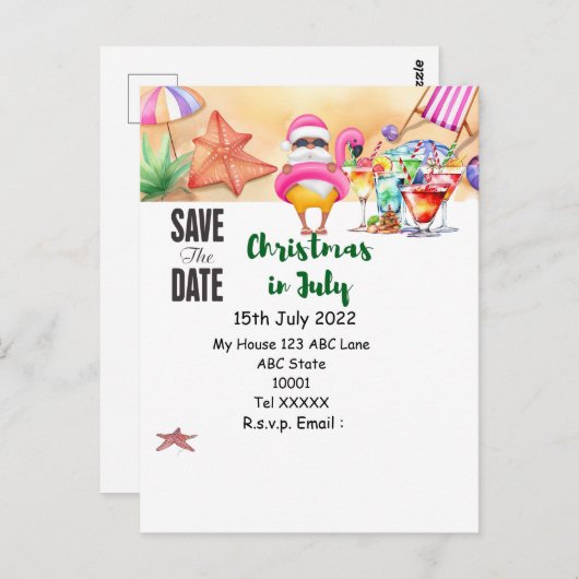 Kerstmis in juli met SANTA CLAUS Save the date Briefkaart (Voorkant / Achterkant)