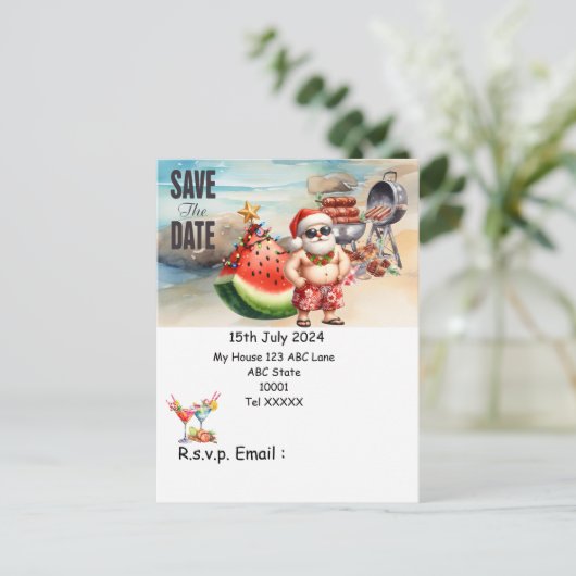 Kerstmis in juli met SANTA CLAUS Save the date Briefkaart (Staand voorkant)