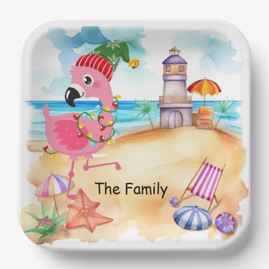 Kerstmis in juli met SANTA flamingo Papieren Bordje (Voorkant)