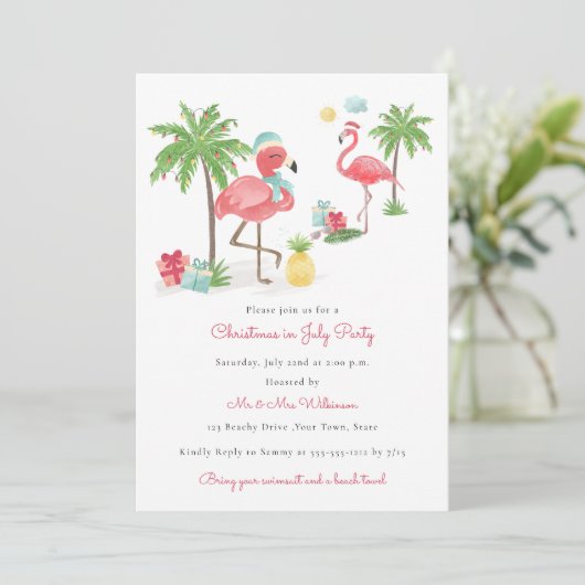 Kerstmis in juli moderne flamingo party kaart (Staand voorkant)