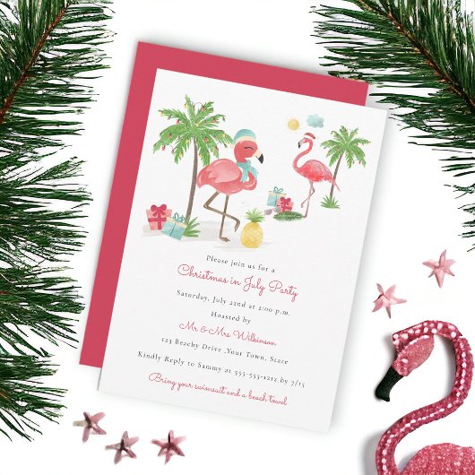 Kerstmis in juli moderne flamingo party kaart
