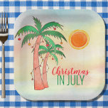 Kerstmis in juli Palm Trees Party Papieren Bordje<br><div class="desc">Laten we kerst vieren in juli met een BBQ of feest! Nodig familie en vrienden uit voor de kerstviering en versier het met deze borden op eilandstijl met handgetekende palmbomen die zijn voorzien van verlichting op de achtergrond van de waterverf. Omdat we ons eigen kunstwerk creëer, zal je dit exacte...</div>
