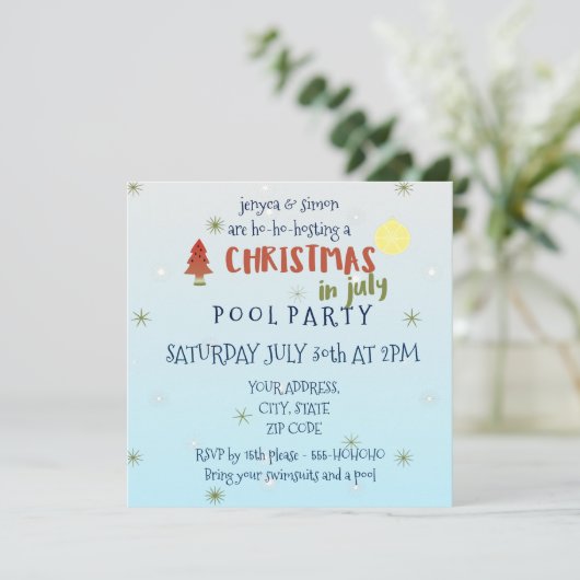 Kerstmis in juli Pool Party Invitation Kaart (Staand voorkant)
