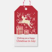 Kerstmis in juli rendieren over geschenken rood la cadeaulabel (Voorkant)