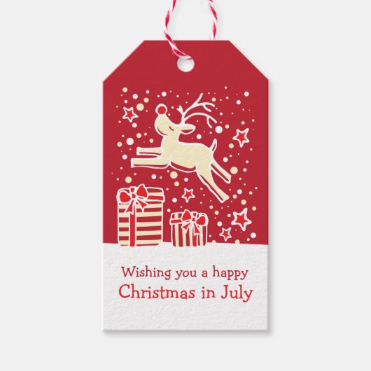 Kerstmis in juli rendieren over geschenken rood la cadeaulabel (Voorkant)