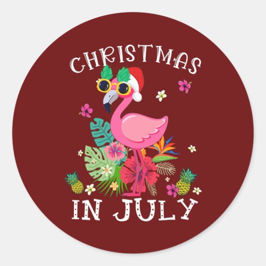 Kerstmis in juli roze flamingo Hawaii Funny Ronde Sticker (Voorkant)