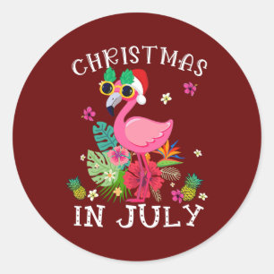 Kerstmis in juli roze flamingo Hawaii Funny Ronde Sticker