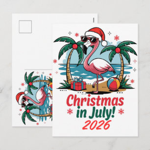 Kerstmis in juli Roze Flamingo Kerstman Hoed 2026 Feestdagenkaart