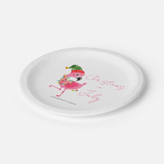 Kerstmis in juli roze flamingo tropisch papieren bordje (Gekanteld)