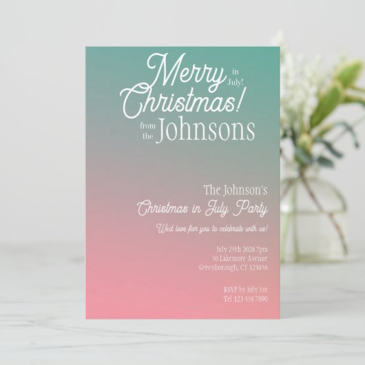 Kerstmis in juli Roze Groene Ombre Party Kaart (Staand voorkant)