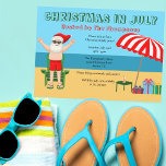Kerstmis in juli Santa Claus Beach Party Kaart<br><div class="desc">Deze leuke kerstmis in juli maakt een perfecte zomerfeestelijke uitnodiging voor een strandbaars of een zwembad. Maak het een leuke noordpool, de extravaganza met de kerstman in zijn zwembroek naast een rode en witte gestreept strandparaplu en cadeautjes. Ik heb de heer Klaus nog nooit eerder in een badpak gezien! De...</div>