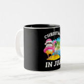 Kerstmis in juli Santa Flamingo Pool Summer Tweekleurige Koffiemok (Voorkant links)