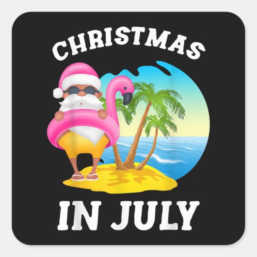 Kerstmis in juli Santa Flamingo Pool Summer Vierkante Sticker (Voorkant)
