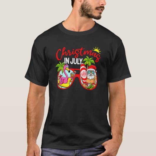 Kerstmis in juli Santa Glasses Flamingo Surfing S T-shirt (Voorkant)
