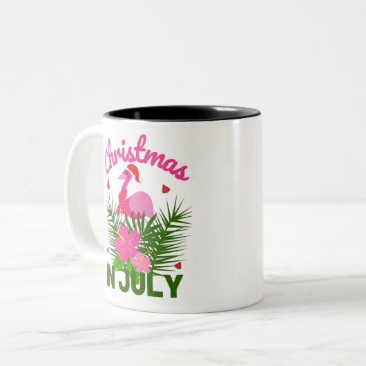 Kerstmis in juli schattige zomerflamingo tweekleurige koffiemok (Voorkant links)