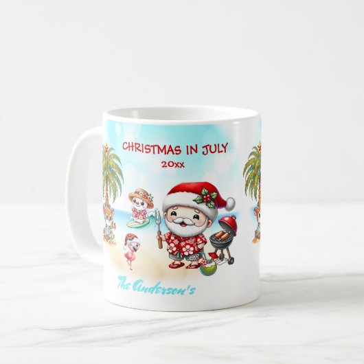 Kerstmis in juli Schattigee Santa Tropical Summer Koffiemok (Voorkant links)