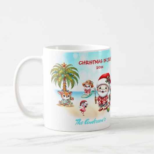 Kerstmis in juli Schattigee Santa Tropical Summer Koffiemok (Links)