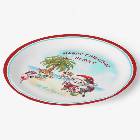 Kerstmis in juli Schattigee Santa Tropical Summer Papieren Bordje (Gekanteld)