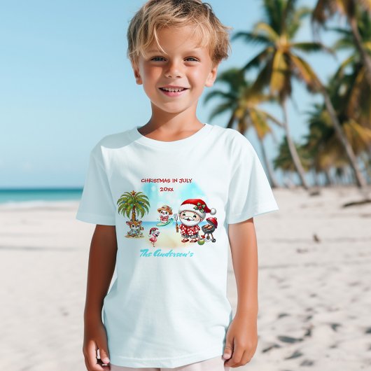 Kerstmis in juli Schattigee Santa Zomer Naam Kinde T-shirt