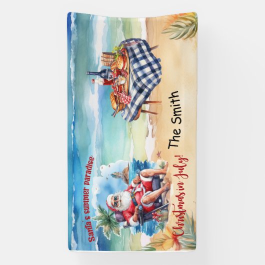 Kerstmis in juli Sinterklaas op het strand grappig Spandoek (Verticaal)