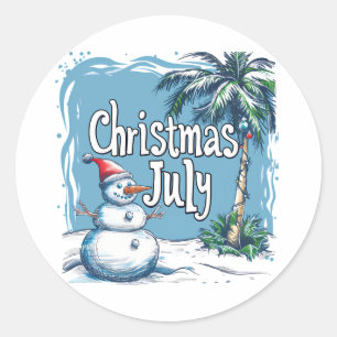 Kerstmis in juli-sneeuwman en palmbomenontwerp ronde sticker