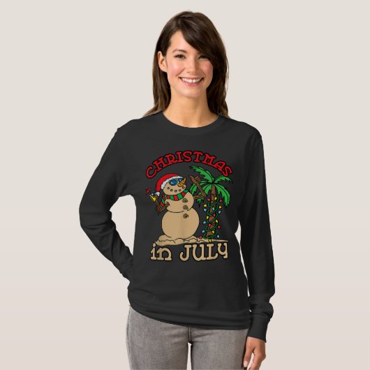 Kerstmis in juli Snowman Sand Palm Tree T-shirt (Voorkant volledig)