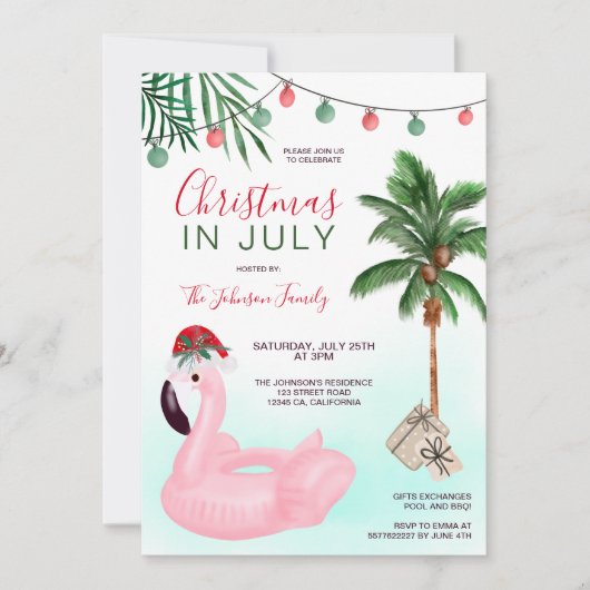 Kerstmis in juli tropische flamingo op strand kaart (Voorkant)