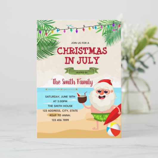 Kerstmis in juli uitnodiging (Staand voorkant)