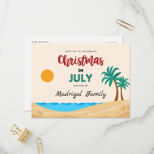 Kerstmis in juli Uitnodiging Briefkaart zomerfeest (Voorkant / Achterkant in situ)